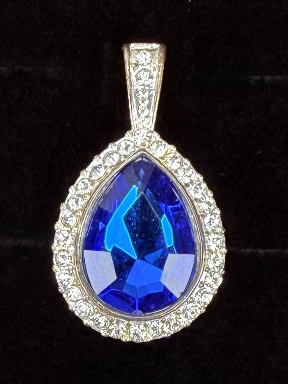 Vintage Silvertone blue and clear bling pendant + free 16” cord necklace